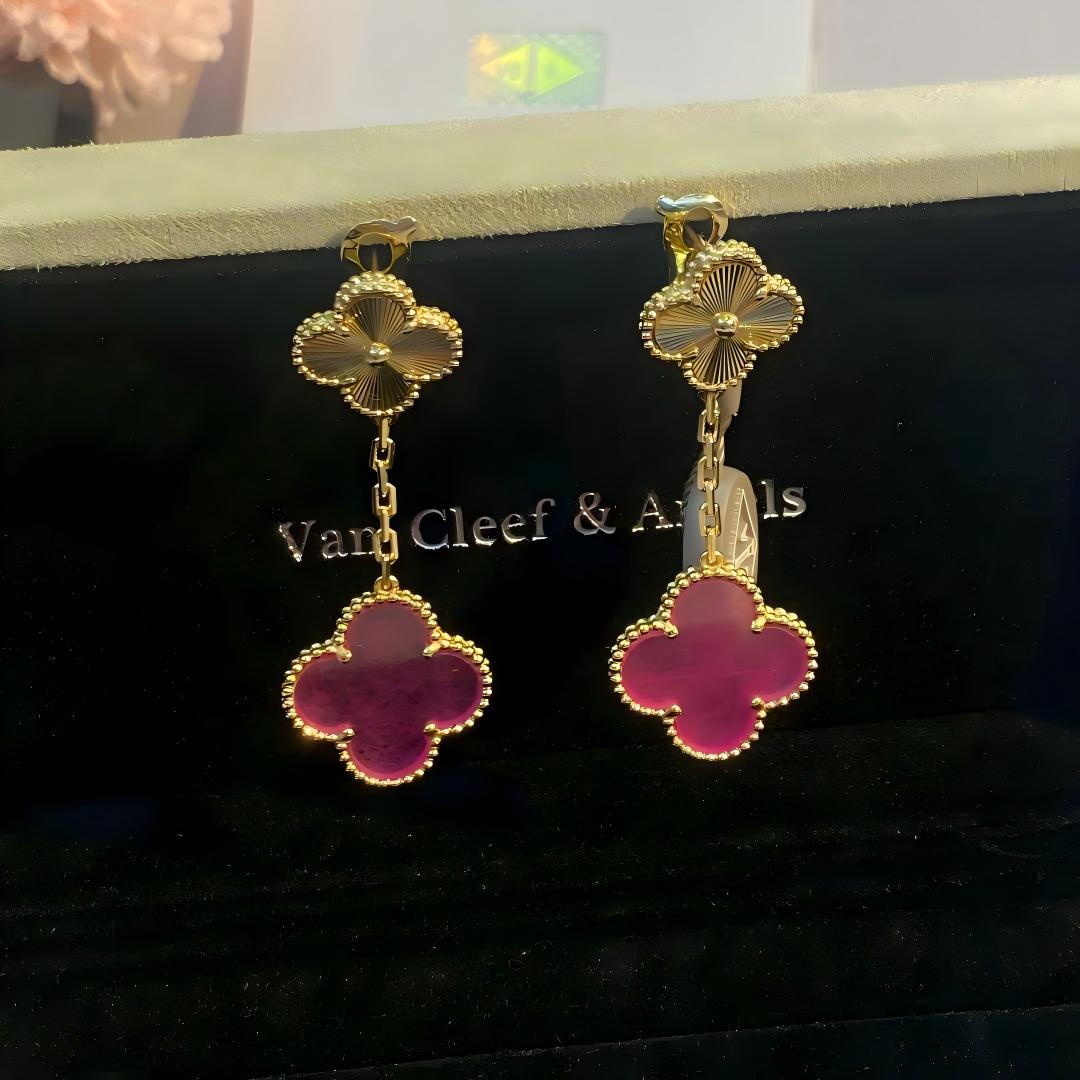 [Demo]NEW CLOVER 2 MOTIF PINK ENAMEL EARRINGS