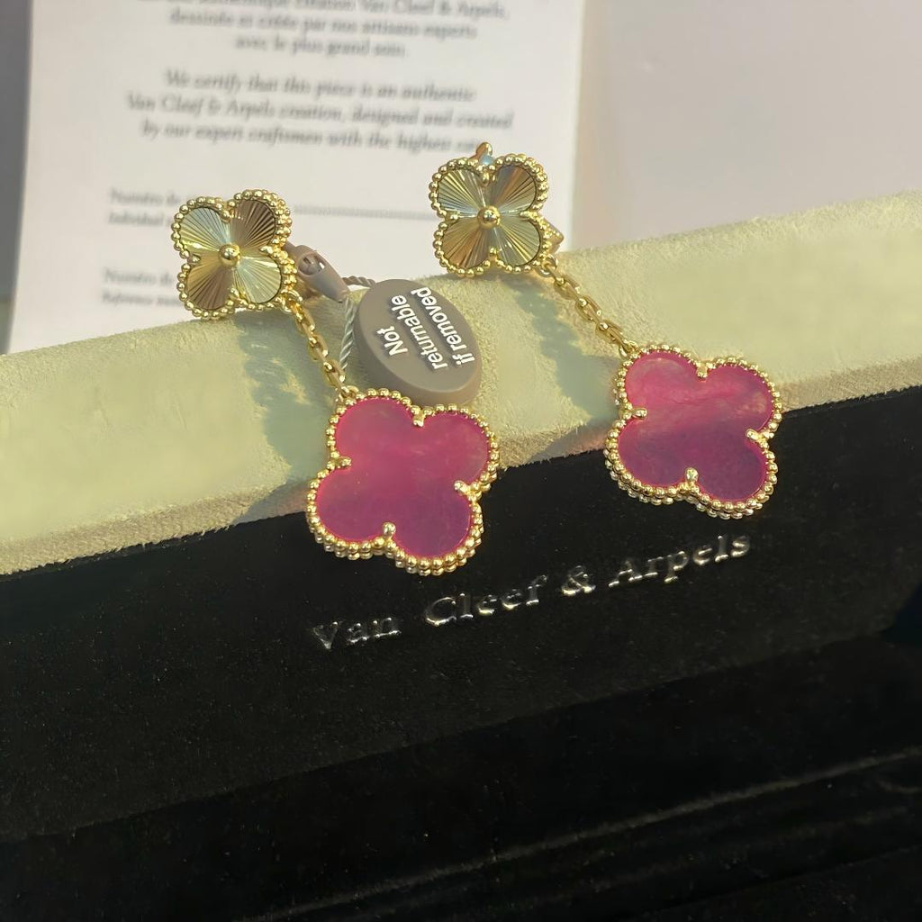 [Demo]NEW CLOVER 2 MOTIF PINK ENAMEL EARRINGS