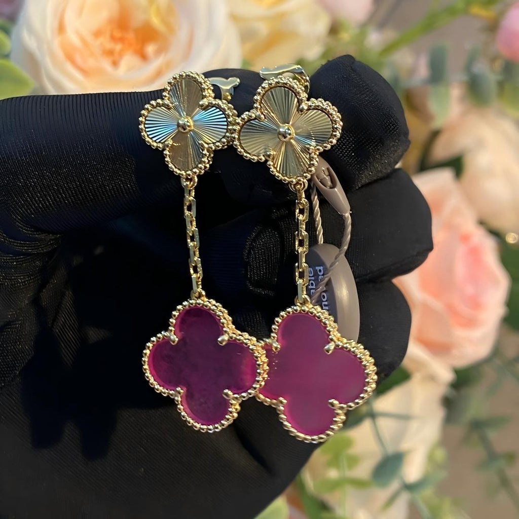 [Demo]NEW CLOVER 2 MOTIF PINK ENAMEL EARRINGS