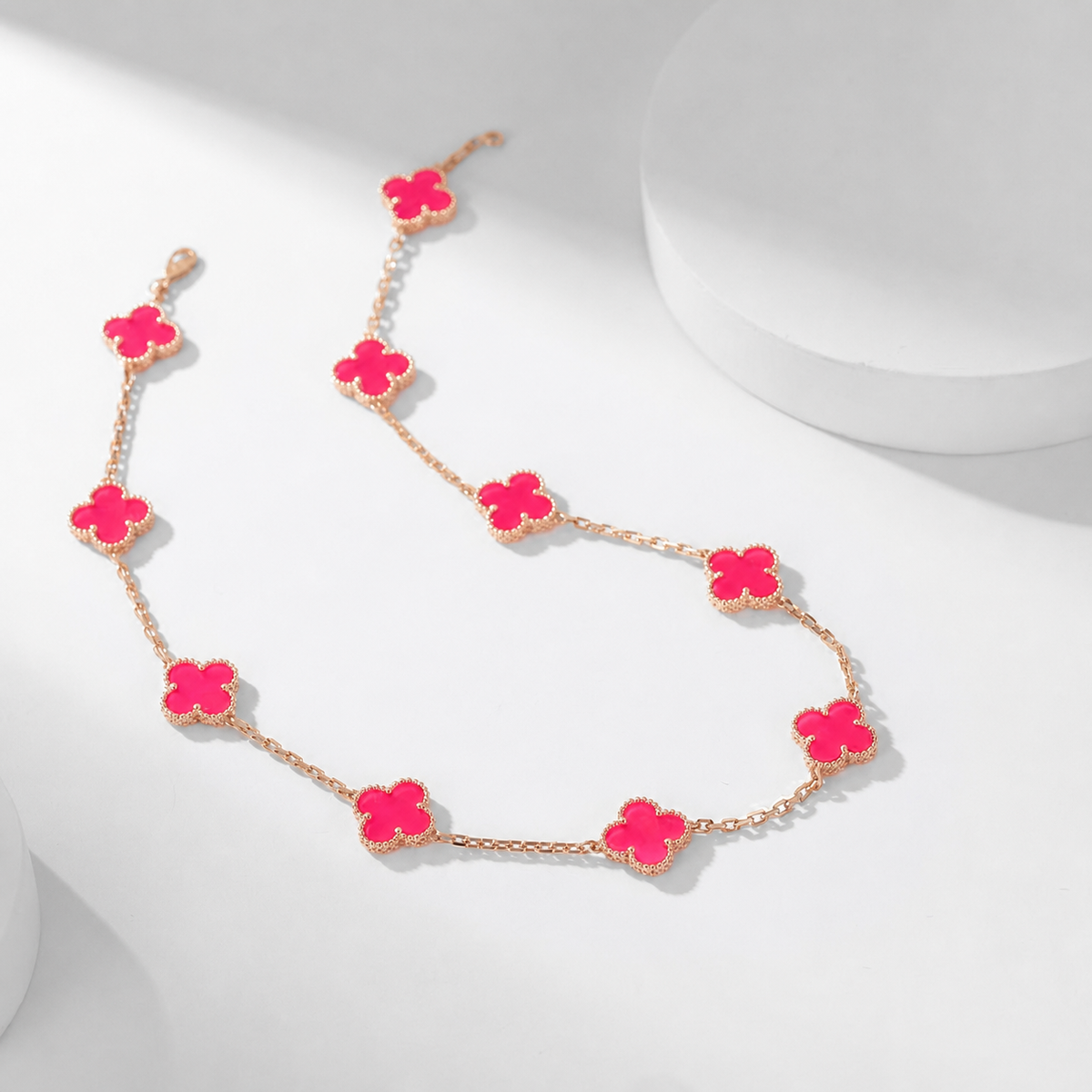 [Demo]NEW CLOVER 10 MOTIFS PINK ENAMEL NECKLACE