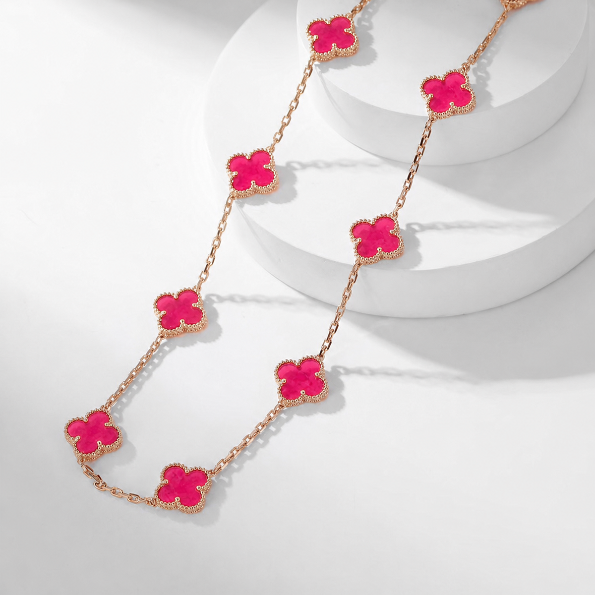 [Demo]NEW CLOVER 10 MOTIFS PINK ENAMEL NECKLACE