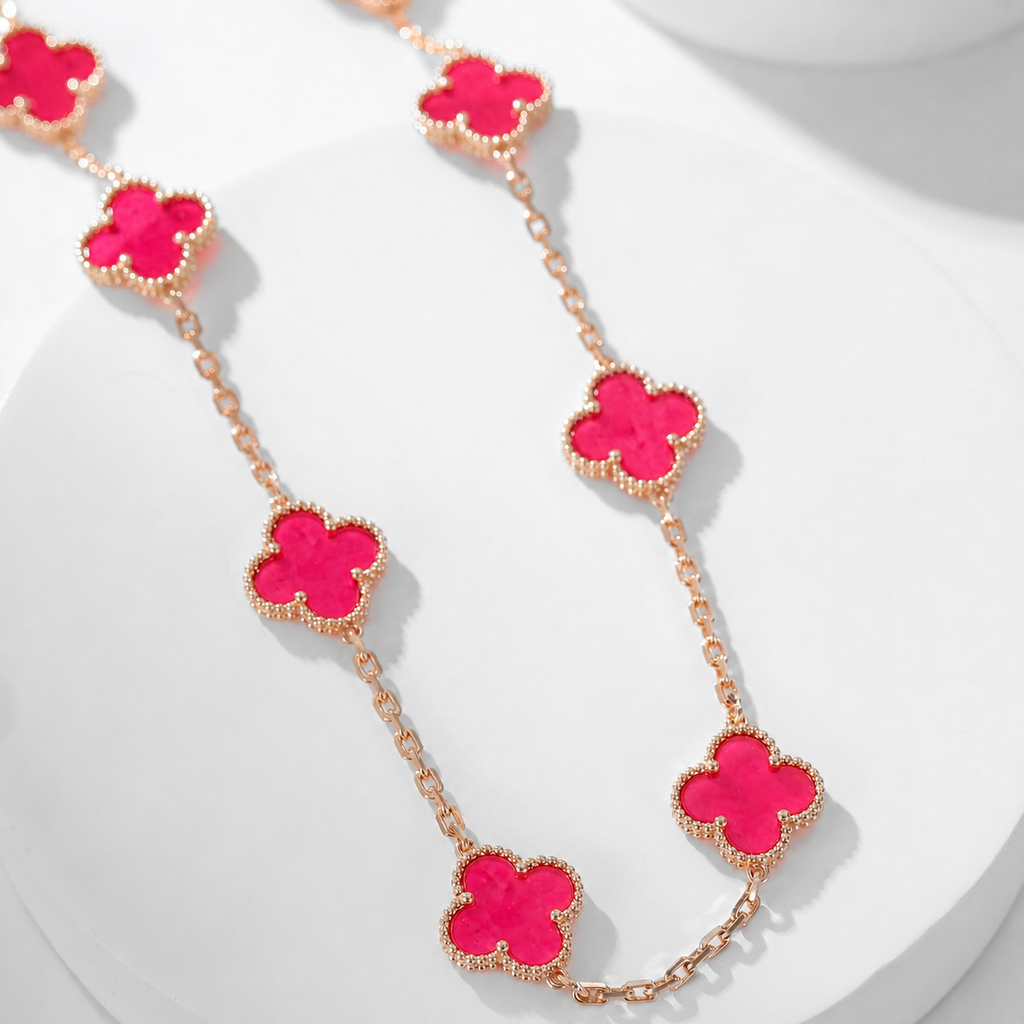 [Demo]NEW CLOVER 10 MOTIFS PINK ENAMEL NECKLACE
