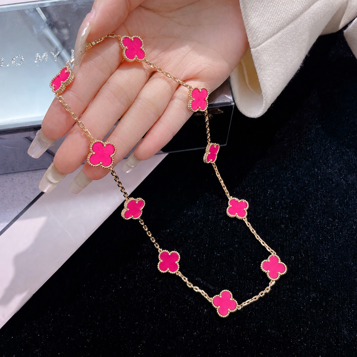 [Demo]NEW CLOVER 10 MOTIFS PINK ENAMEL NECKLACE
