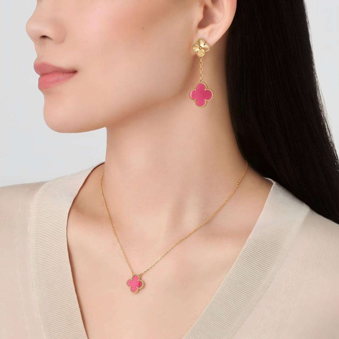[Demo]NEW CLOVER 2 MOTIF PINK ENAMEL EARRINGS