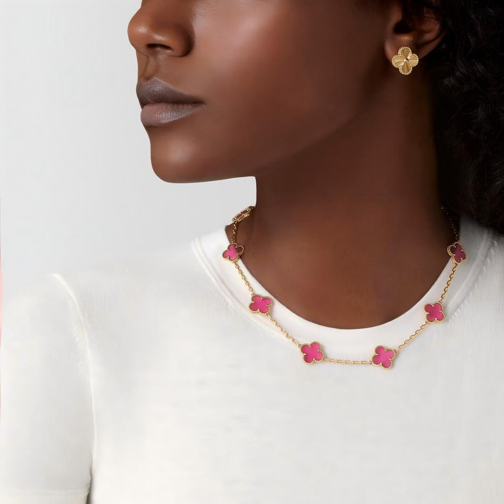 [Demo]NEW CLOVER 10 MOTIFS PINK ENAMEL NECKLACE