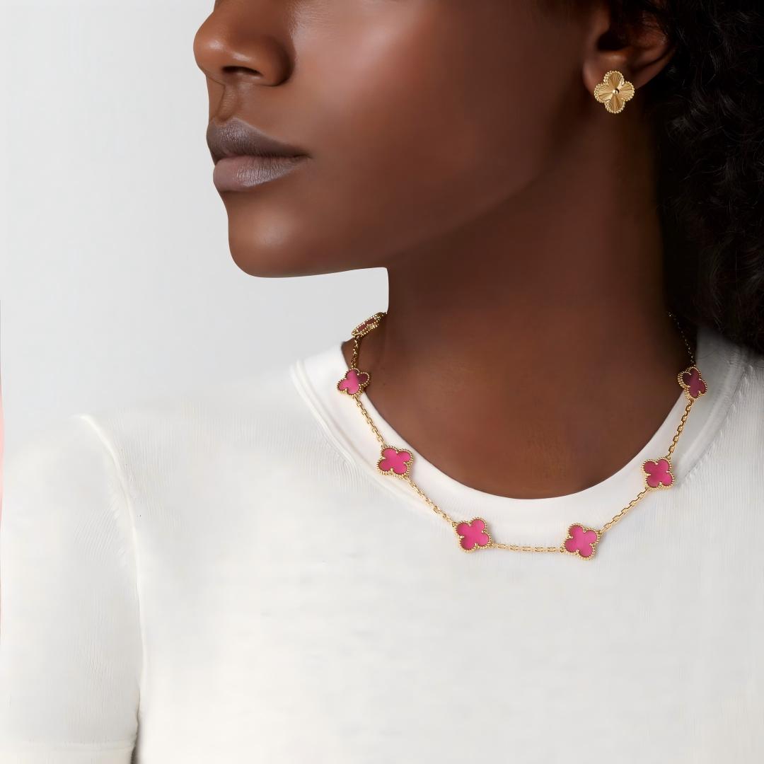 [Demo]NEW CLOVER 10 MOTIFS PINK ENAMEL NECKLACE