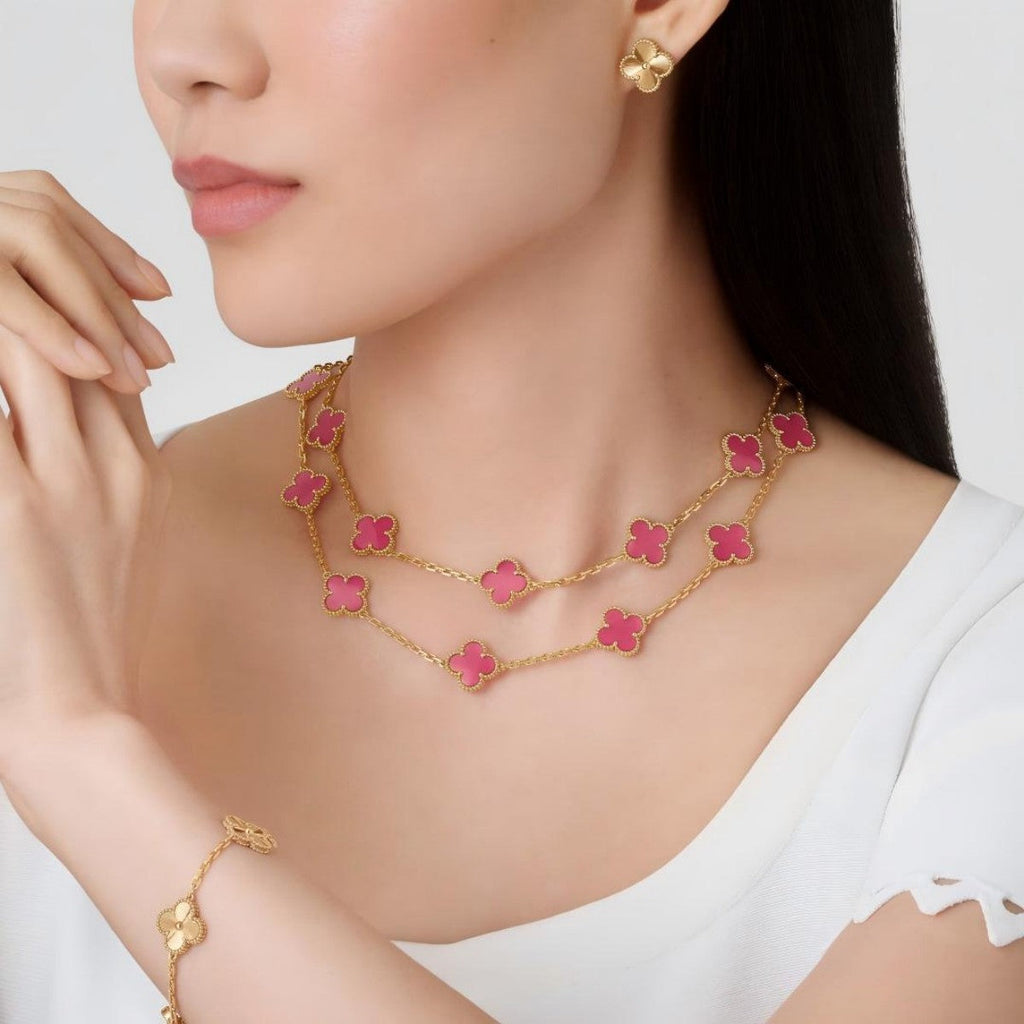 [Demo] NEW CLOVER 20 MOTIFS PINK ENAMEL NECKLACE